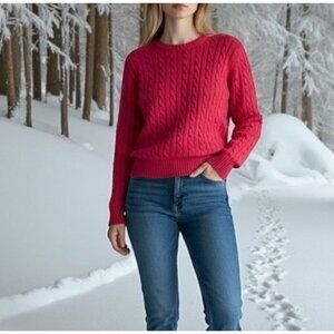LL Bean Sweater Red Cable Knit Cotton Holiday Ski Sweater Womens Size Medium